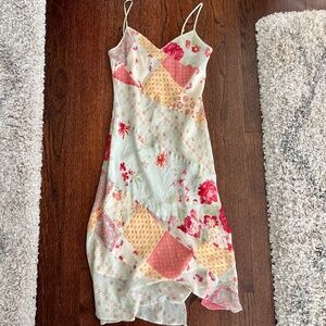 Vintage Express Silk Rose Patchwork Handkerchief Hem Slip Maxi Dress Sz Small